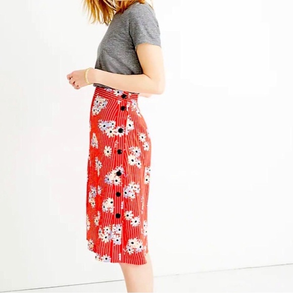 Madewell Red Striped Floral Button Skirt - Picture 2 of 8